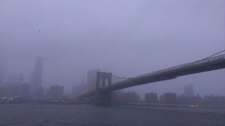 Brooklyn Bridge  from the boat cruise, through snowy fog